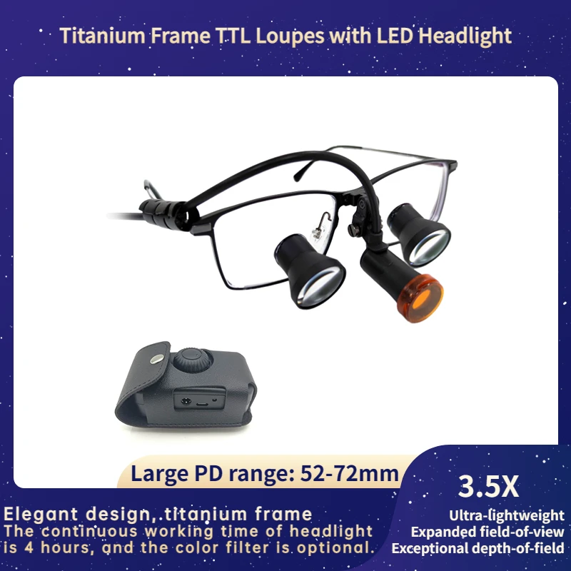 Titanium Frame TTL3.5X Dental Surgical Loupes Customized PD Range 52-72mm  With Round Beam LED Headlight