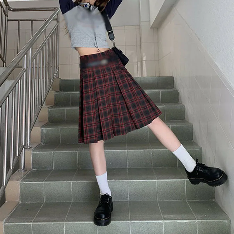 

Pleated Skirts Women Plaid Knee-length Autumn Korean Fashion Preppy Style All-match Casual Students Vintage Literary Low Waist