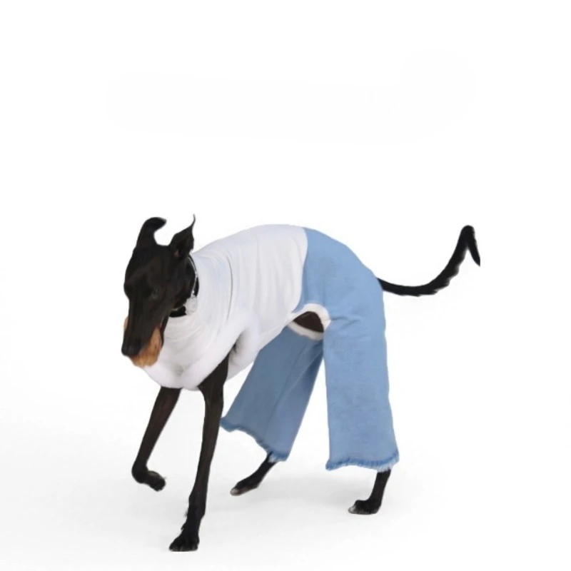 Autumn Winter White Turtleneck Suede Vest Splicing Blue  Jeans Trendy Fashion Onesie Pet Dog Clothing Whippet Italian Greyhound view 3