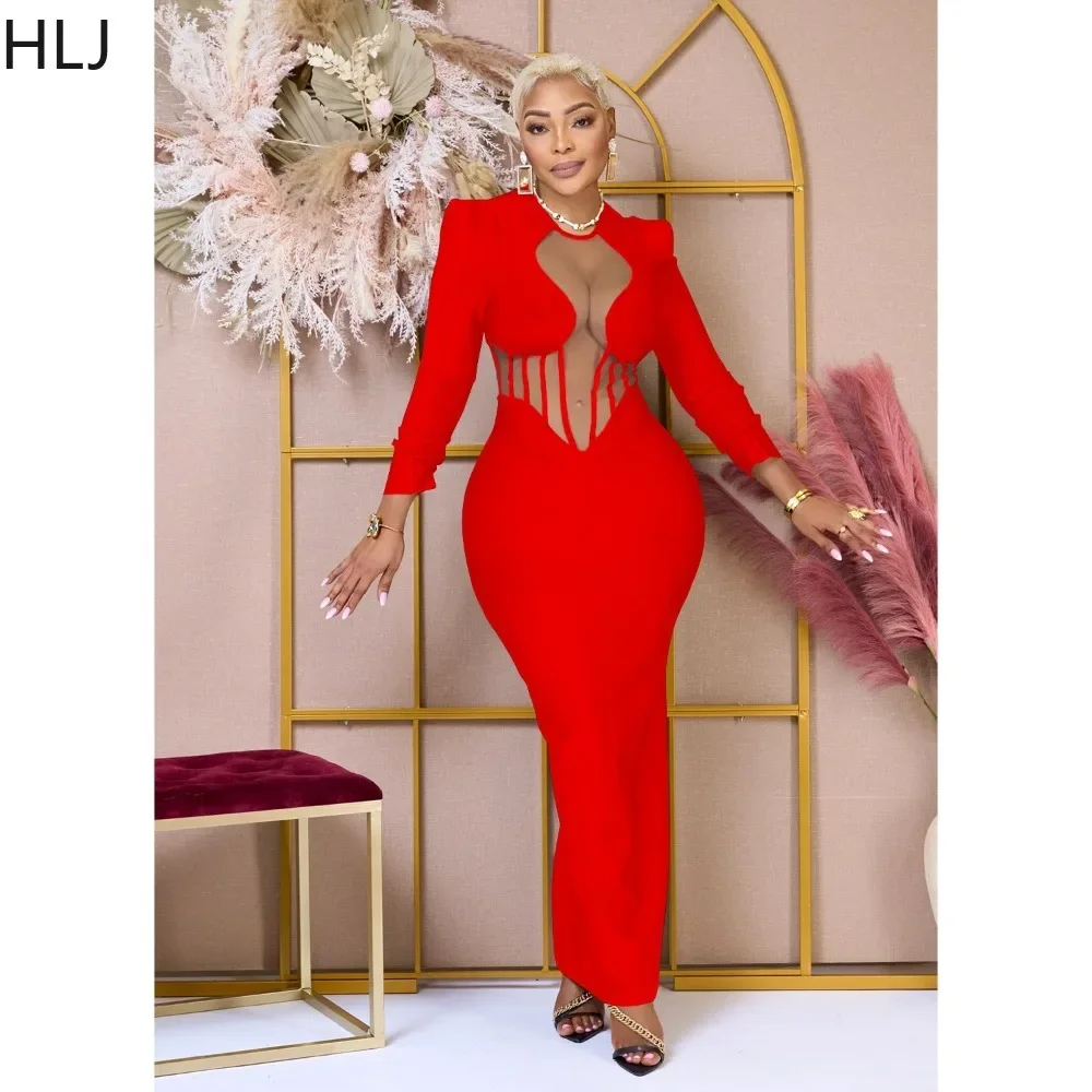 HLJ Fashion Mesh Perspective Bodycon Dresses Women O Neck Long Sleeve Slim Vestidos Sexy Female Solid Party Club Dress Clothing