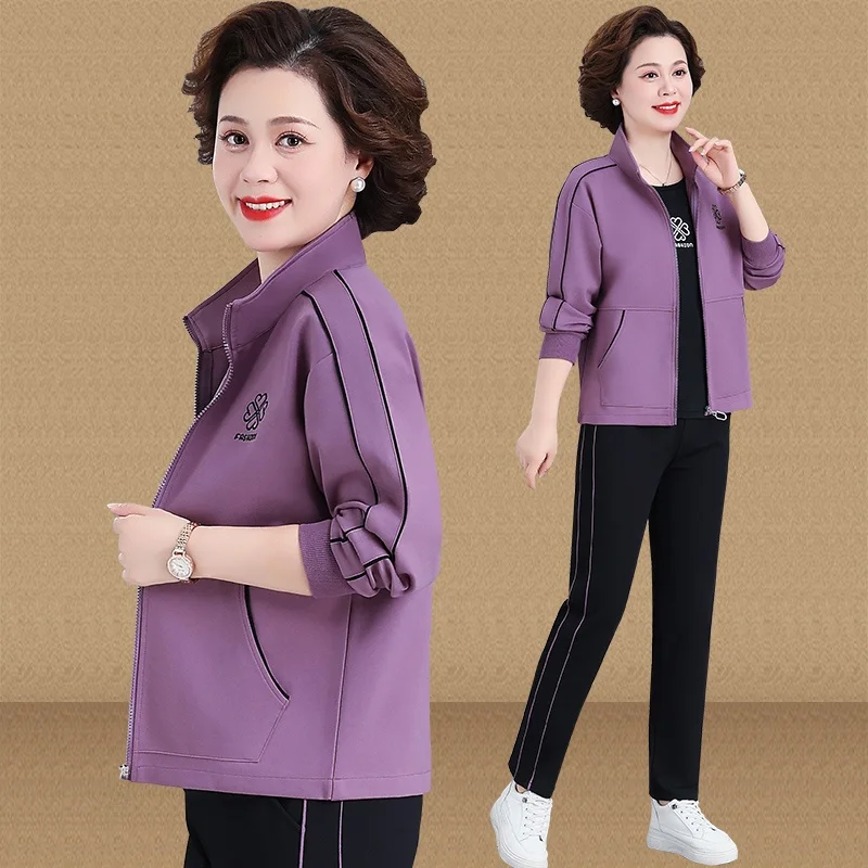 

Комплект из двух предметов: женская осенняя верхняя одежда, свободная куртка и длинные брюки на молнии, однотонный, для женщин среднего возраста