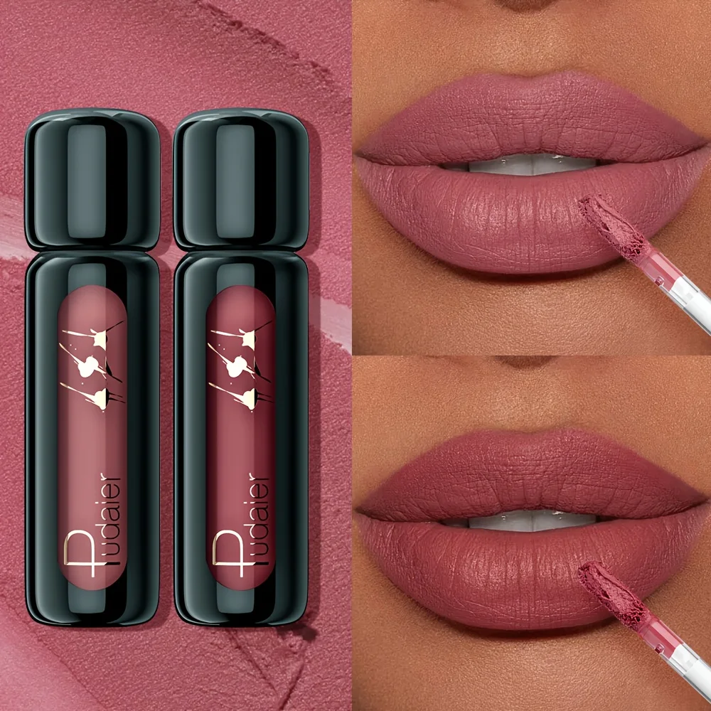 طقم ملمع شفاه غير لامع يدوم طويلاً مكون من قطعتين من Pudaier - مقاوم للماء وغير يتلاشى طوال اليوم، ظلال عارية وبنية محمر، كوب غير لاصق