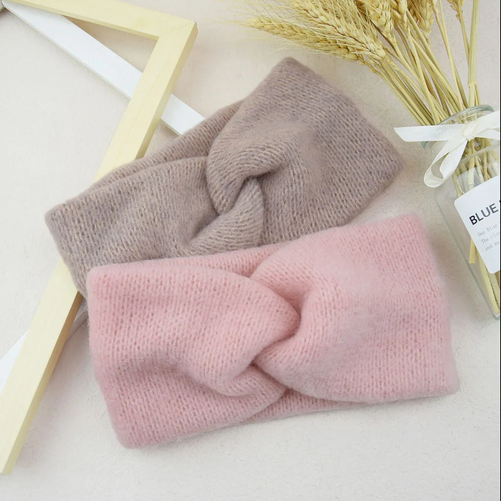 Winter Warm Mohair Cross Knitting Hair Accessories Twisted Thick Wide Headbands Workout Hairband Woolen Turban Headwrap For Lady