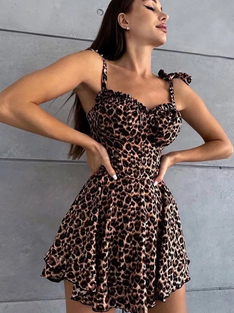 Été Sexy Spice Girl taille rétro sans manches Vintage robe trapèze esthétique angleterre loisirs Floral léopard à lacets jupe à bretelles