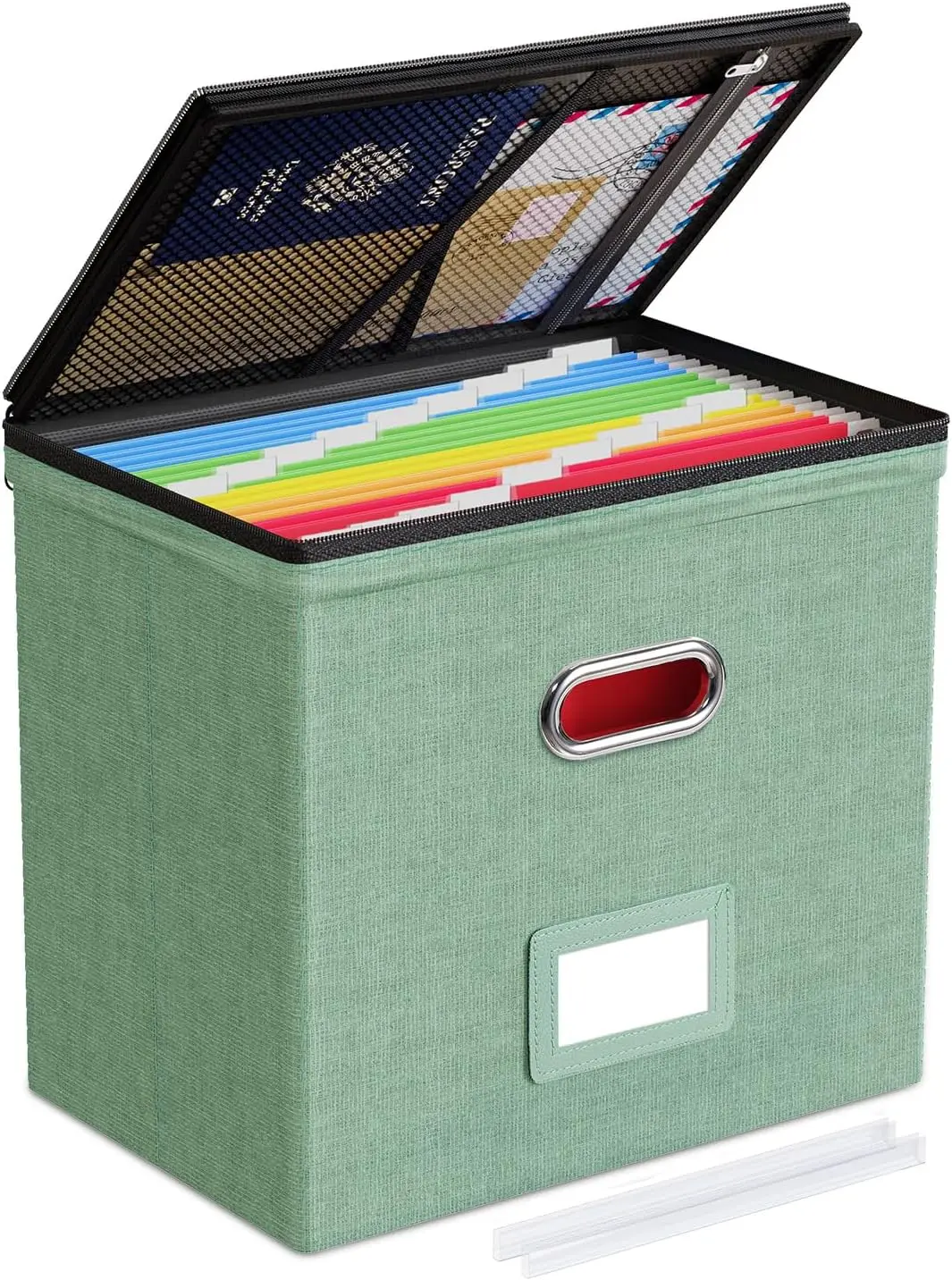 

Коробка-органайзер для файлов с крышкой, сетчатыми карманами и молниями для хранения дома, в офисе, школе - зеленая