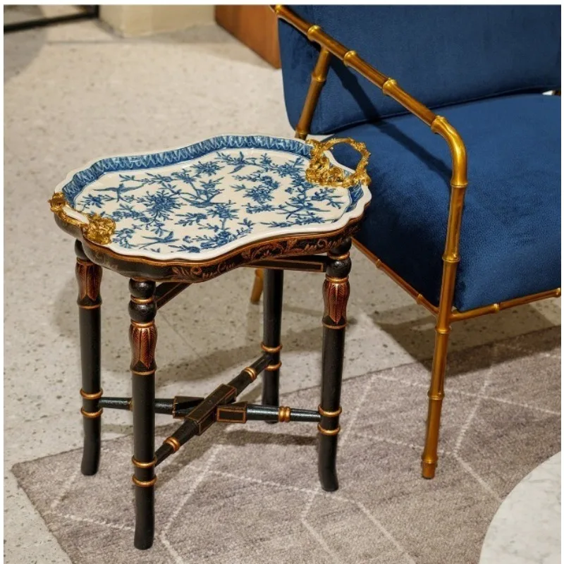 Mid-century Blue and White Ceramic End Table, Mobile Solid Wood Art Side Table with Copper Accent for Living Room