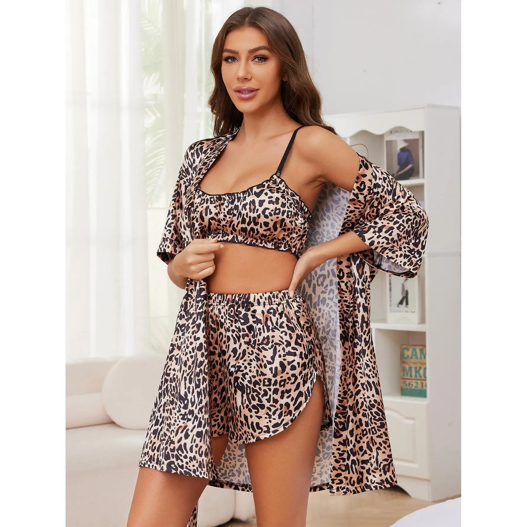 Leopard Print Silk Satin Women Pajama Set 3 Piece Sleeveless Bra & Side Split Shorts & Robe Female Sleepwear Homewear Nightwear