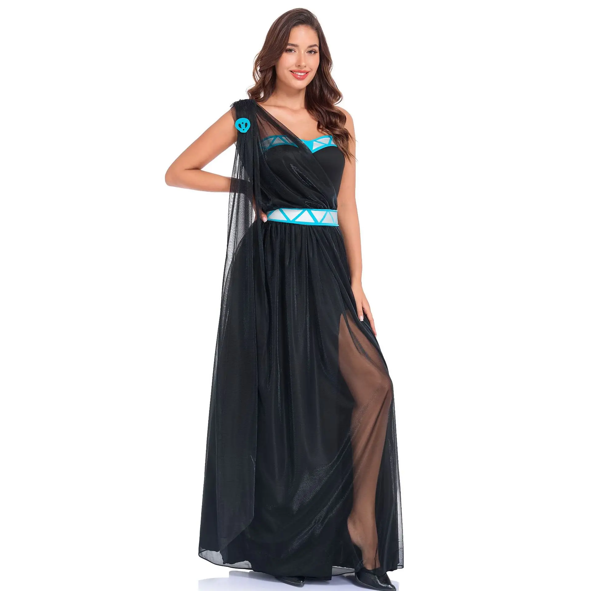 Disfraz de Diosa Griega para Mujer, Carnaval de Halloween, Vestido Largo de Tul Negro con Adornos Geométricos Azules, Disfraz para Fiesta de Disfraces
