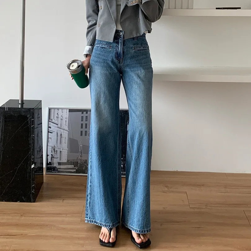 Jeans blu Micro-Pull lavati eleganti retrò donna autunno e inverno versatili pantaloni a vita alta Slim fit dimagranti dritti