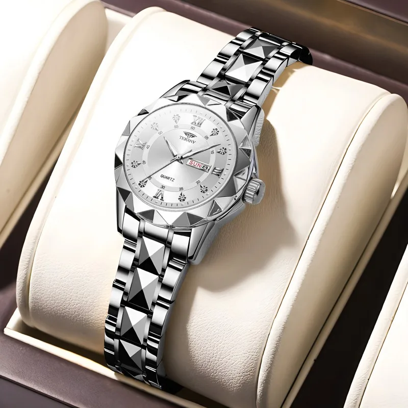 

Fashion Women's Watch, Rhombus Double Calendar Luminous Steel Belt Quartz Watch