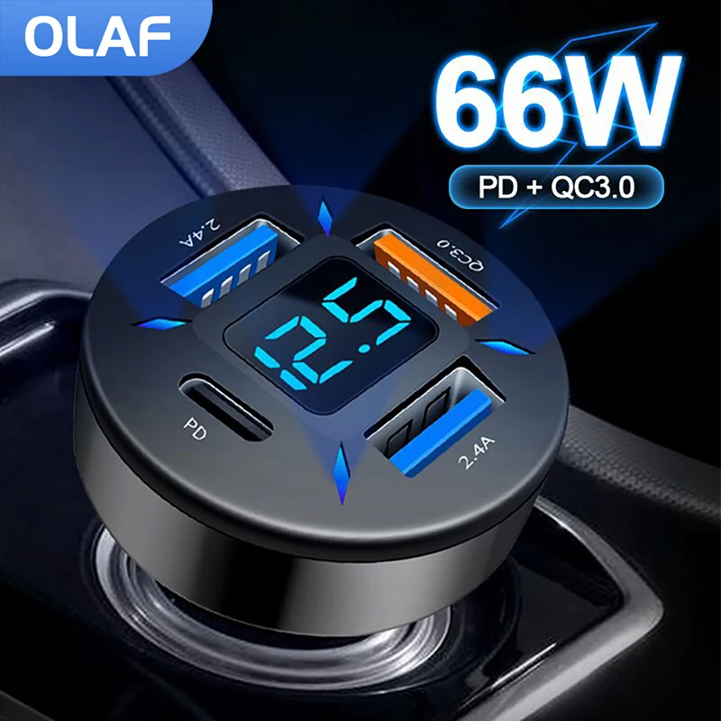 Olaf 4 Ports 66W USB Car Charger Fast Charging PD Quick Charge 3.0 USB C Car Phone Charger Adapter For iPhone 14 Xiaomi Samsung