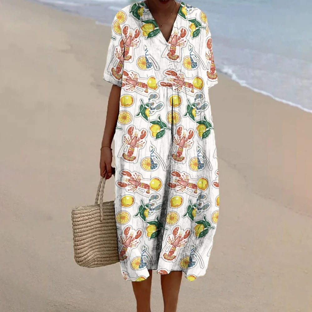 

2024 Printing Beach Style Ladies Dress Vintage V Neck A-line Elegant Dresses Bohemian Luxury Brand Beach Dress