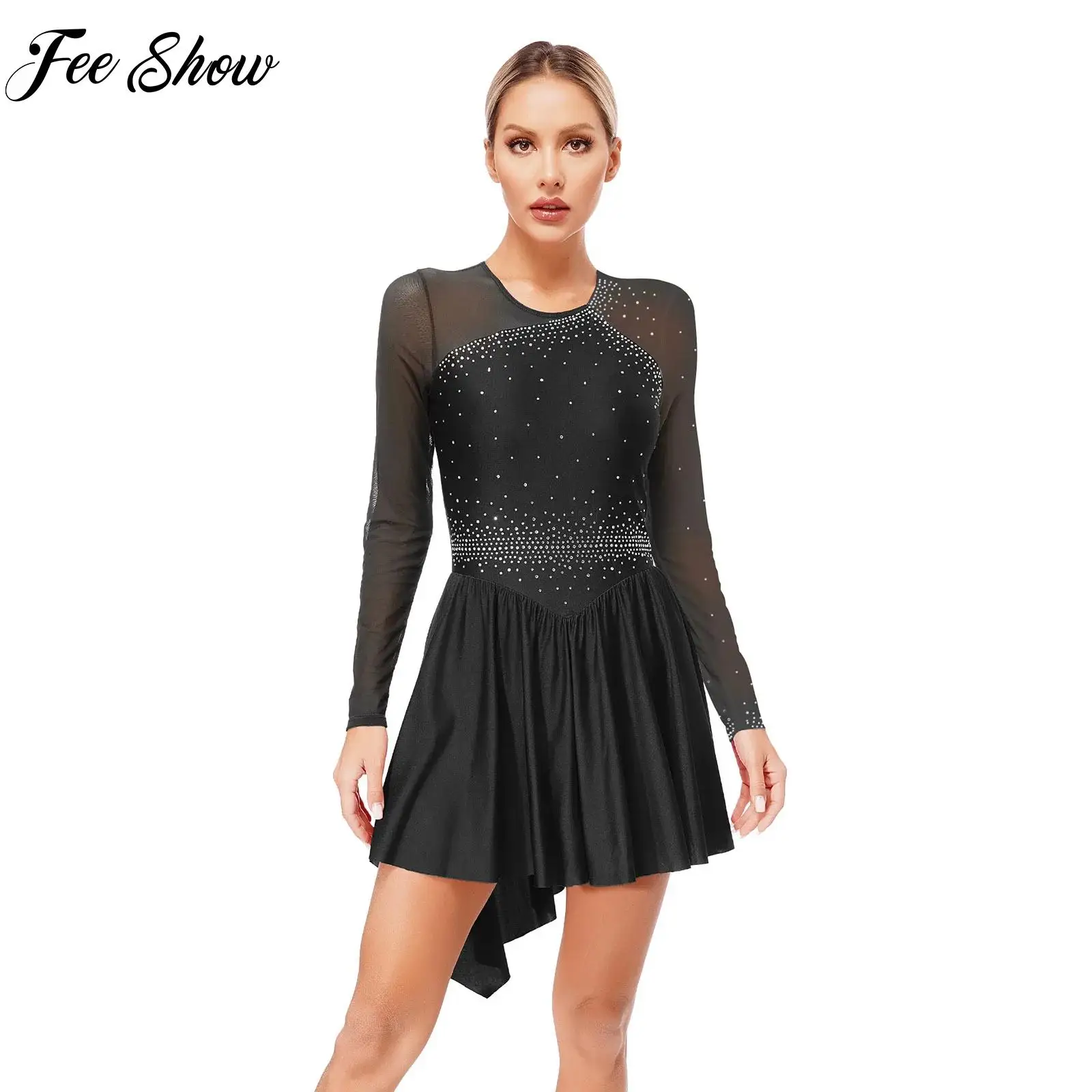 

Womens Glittery Rhinestones Lyrical Dance Dresses Modern Dance Figure Skating Performance Costumes Cutout Back Long Sleeve Dress