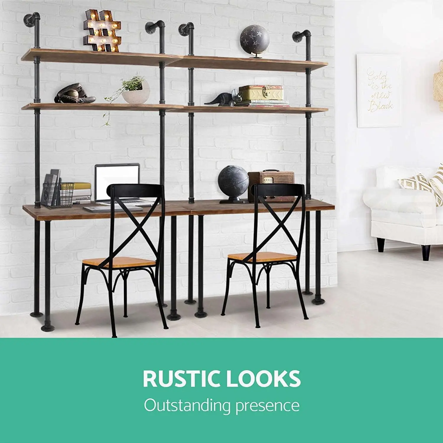 Meja Laptop Industri 79 Inci Meja Komputer Kayu Solid Meja Pipa Dinding dengan Rak Meja Komputer untuk Rumah Kantor (L:40 Inci)