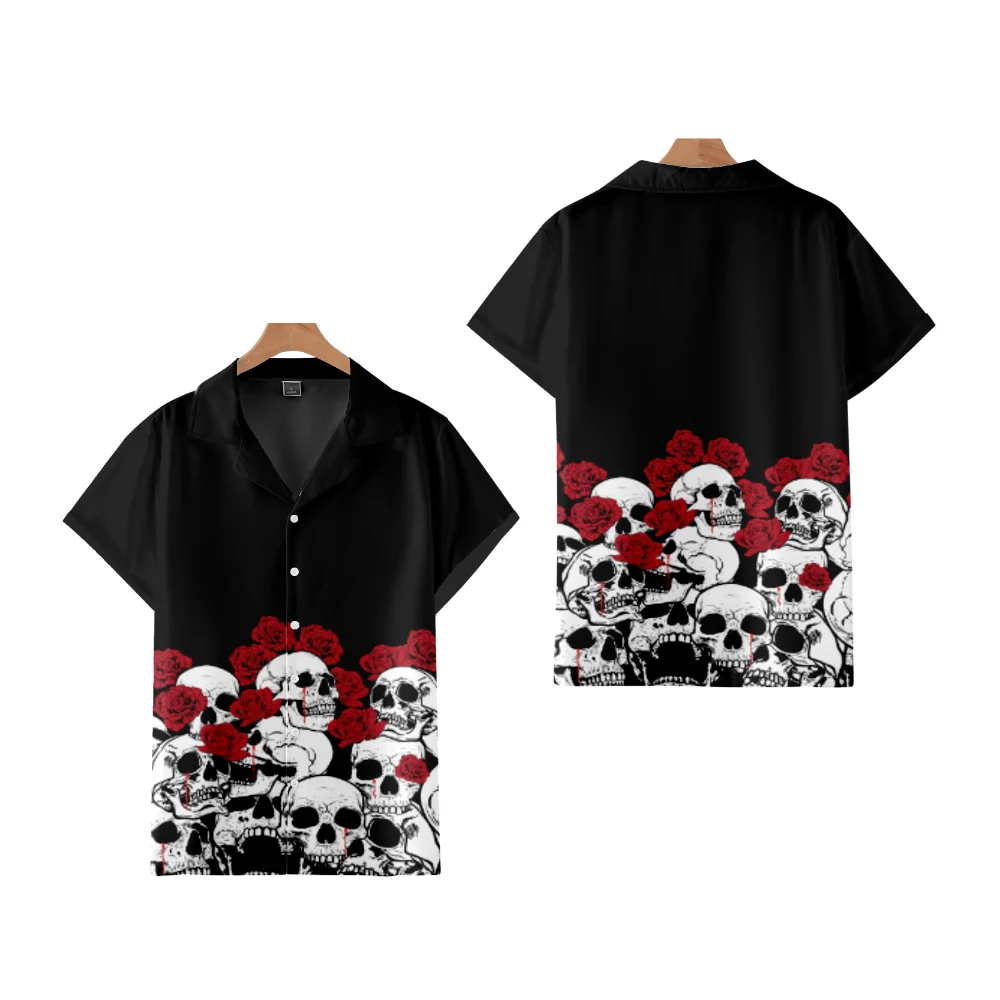 New Men's Cuban Shirt Skeleton Cool Plus Size Streetwear Tops One Button Short Sleeve Summer Cool Tops Vacation