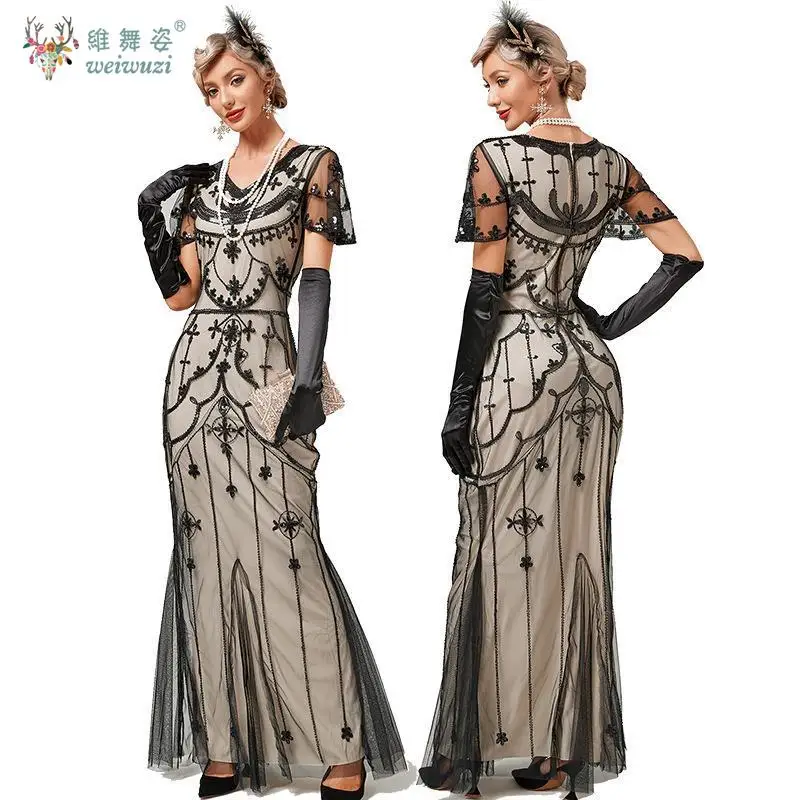 ヴィンテージエレガントファッションスパンコール半袖スリムフィットバンケット薄手ガーゼメッシュビーズ刺繍イブニングガウンロングフィッシュテールスカート