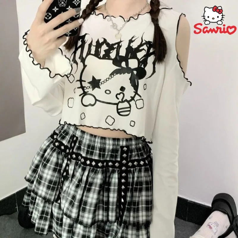 Sanrio Hello Kitty Top Cartoon Girls Strapless T-Shirt Y2K Sexy Personality Strapless Flare Sleeve Tops Long Sleeve Clothes Gift