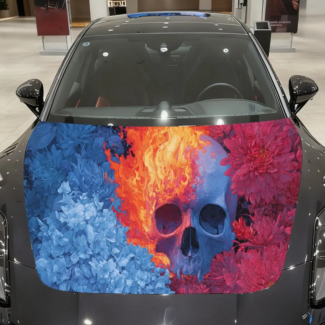 

Eerie Flame & Floral Skull Car Cover Sticker, Auto Hood Decal, Car Exterior Scratch Resistant Decal, Trendy Gift for Car Lovers,