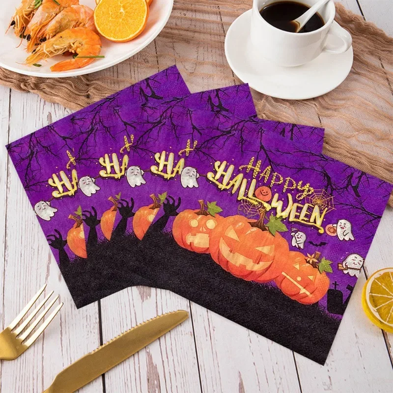 20Pcs 2Ply 33cm Halloween Napkins Pumpkin Ghost Zombie Hand Disposable Paper Napkins for Party Decor