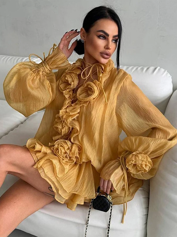 

2025 Summer Women's Elegant Multi-Layer Ruffles Flower Lace-up Yellow Mini Dresses Ladies Sexy Sweet Shorts 2 PCS Sets Outfits