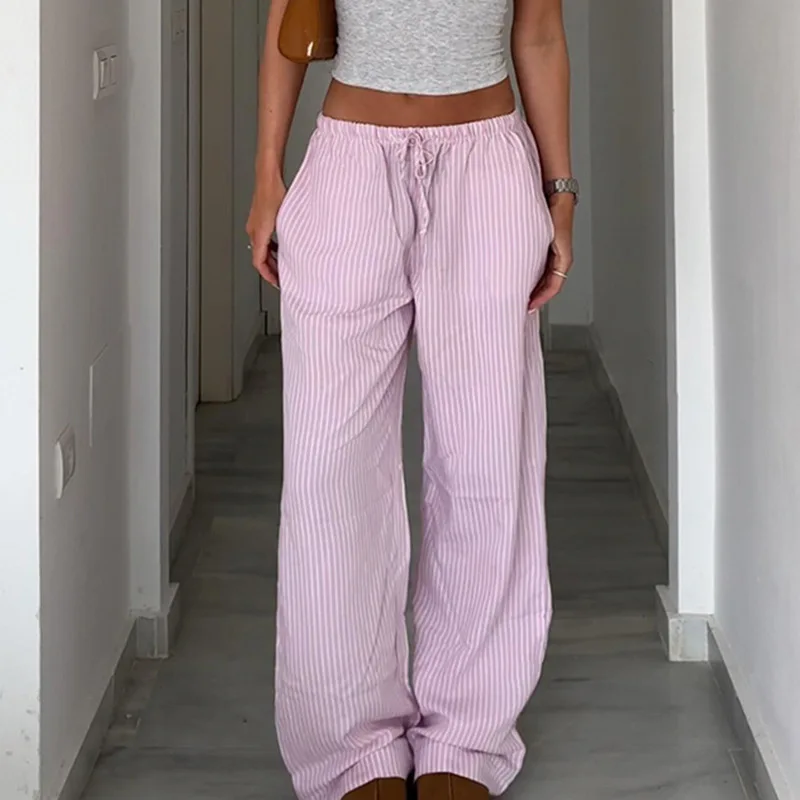 

European and American simple striped woven pants low waist drawstring elastic waist loose straight leg basic pants
