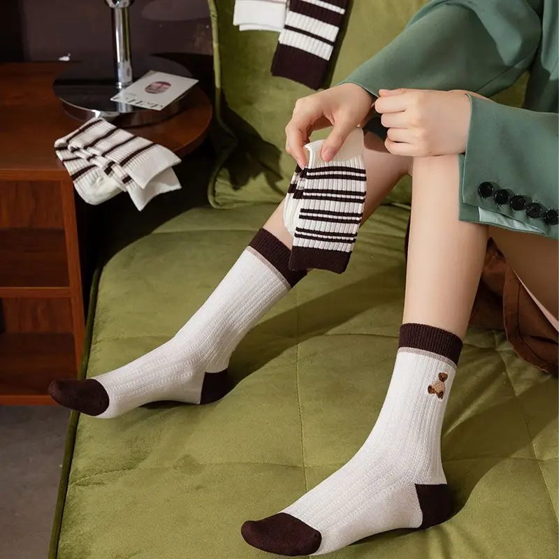 

5 Pairs Women's Socks Set Korean Striped Cartoon Kawaii Comfortable High-quality Cotton Socks For Girl Teddy Bear Cute Sweet