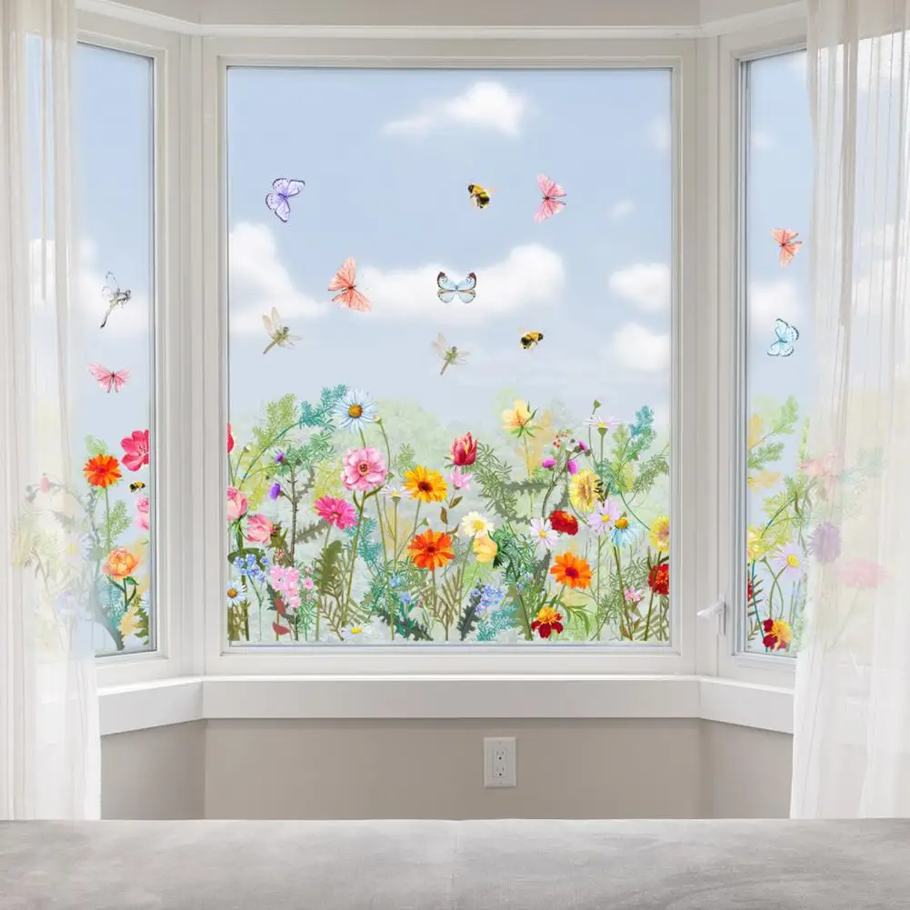 Easy Peel Stick Wall Art Waterproof Cartoon Plants Wall Sticker with Flower Grass Butterfly Decals for Room Girls Bedroom