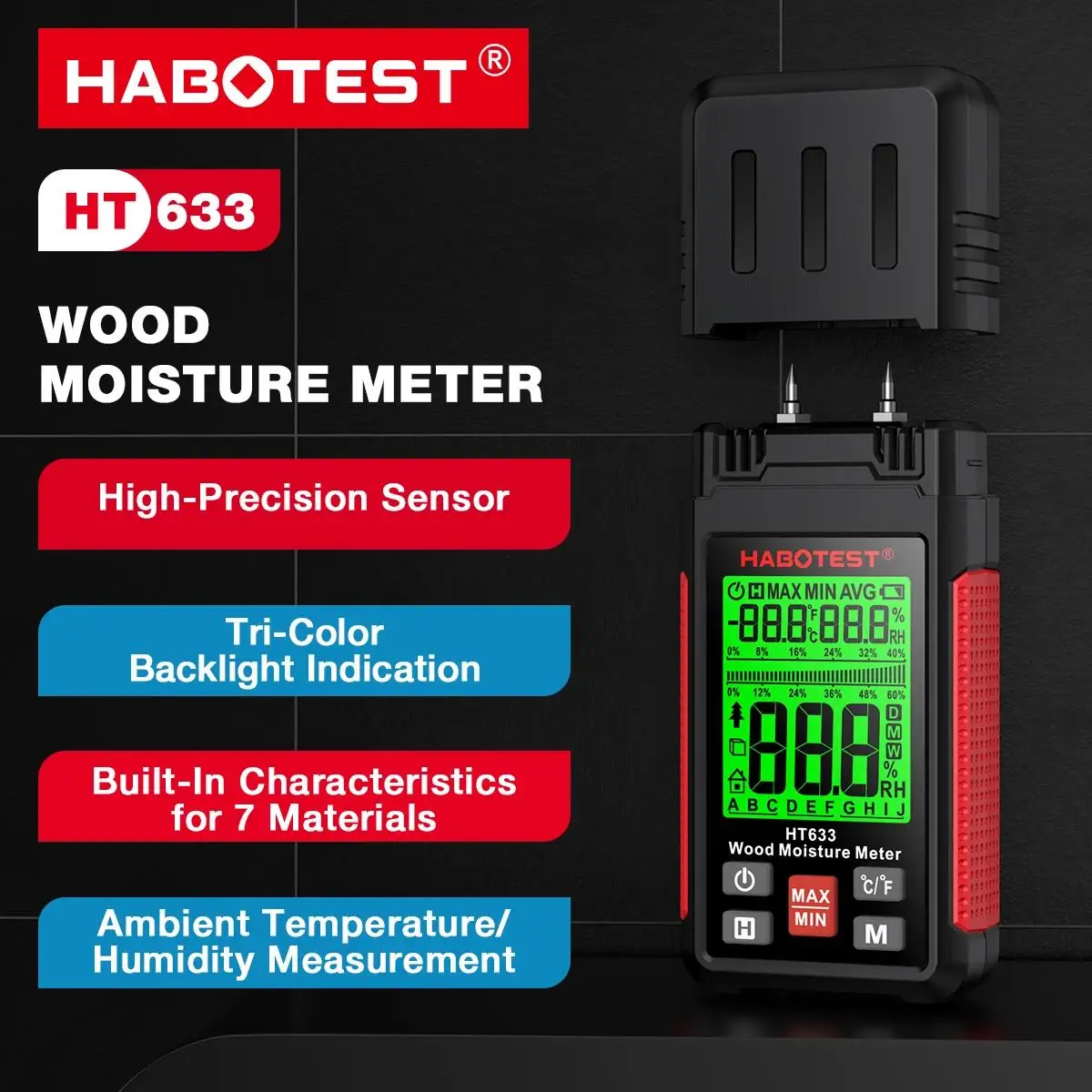 HABOTEST HT633 Digital Wood Moisture Meter Professional 0~57% Timber Hygrometer Portable Tool LCD Display Timber Damp Detector
