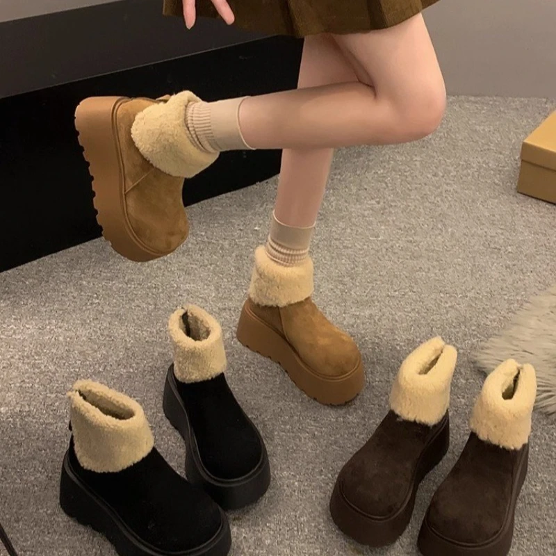 Maillard Caramel Fold Lamb Fur Platform Snow Boots Women Gear Sole Chunky Round Toe Heighten Winter Cotton Shoes
