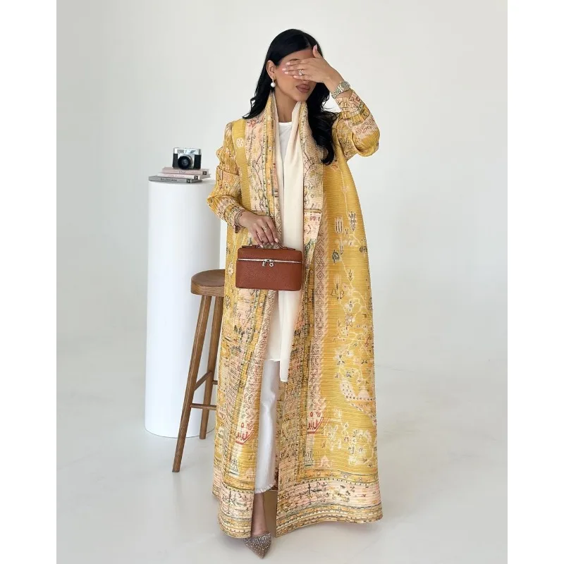 Women Abaya Vintage Printed Original Design Lapel Long Sleeved Cardigan Loose Big Collar Tied Arabian Female Luxury Abaya 2025