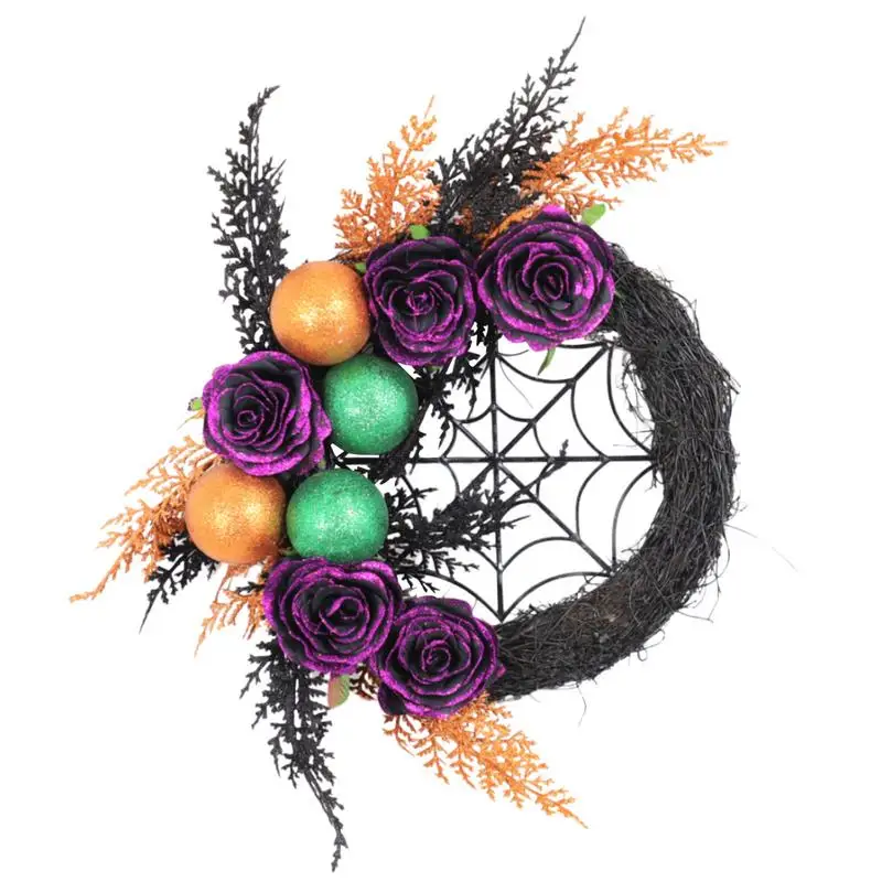 Halloween Rose Wreath Gothic Spider Web Wreath Front Door Rattan Wreath Creative Holiday Garland with Balls  Party Supplies