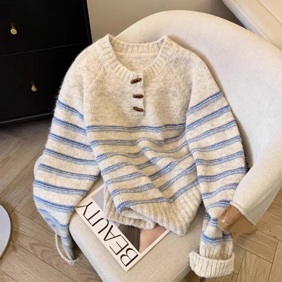 

Knitted Button Pullover O-neck Women's Sweater Retro Stripe Jumper 2025 Fashion Casual Winter Knitwear