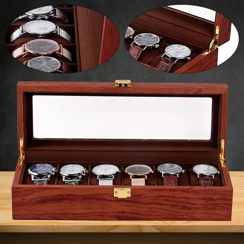 6/10/12 Slot Organizer Wood Watch Box Glass Top Vintage Display Jewelry Storage Box Gift