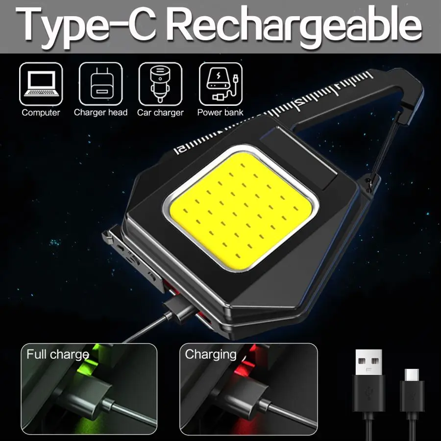 Luz de trabajo COB magnética multifuncional, llavero triangular, linterna recargable por USB tipo C, Mini linterna de Camping