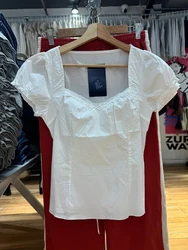 Lace Trim White T-shirt Women Summer Summer Back Lace-up Square Collar Short Puff Sleeve Camis Blouse Sweet Cute Cotton Crop Top