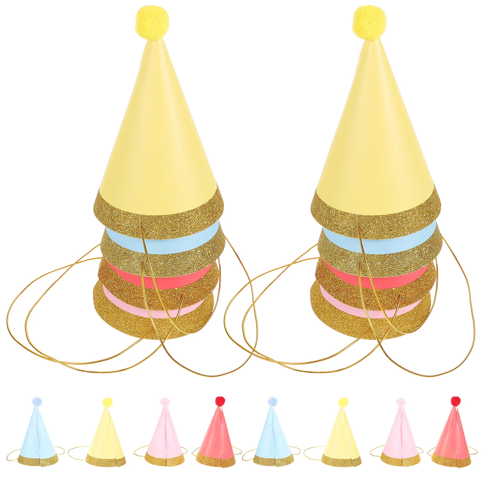 12pcs Kids Birthday Hat Glitter Party Golden Rim Photo Props for Children Decoration (Pink, Red, Yellow, Blue Each Three)