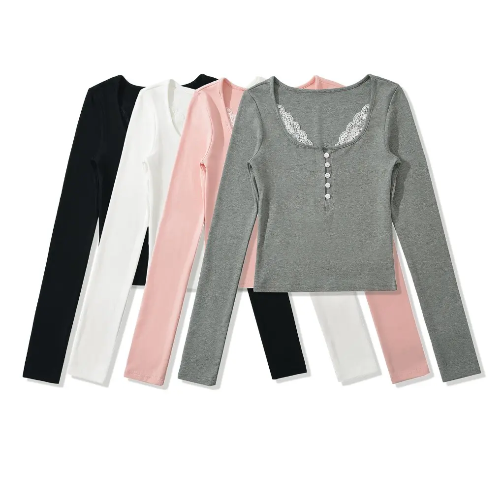 

Women's Pure Desire Lace Collar Slim-fit T-shirt Long-sleeved Sexy Spice Girl Top with Buckle for Autumn