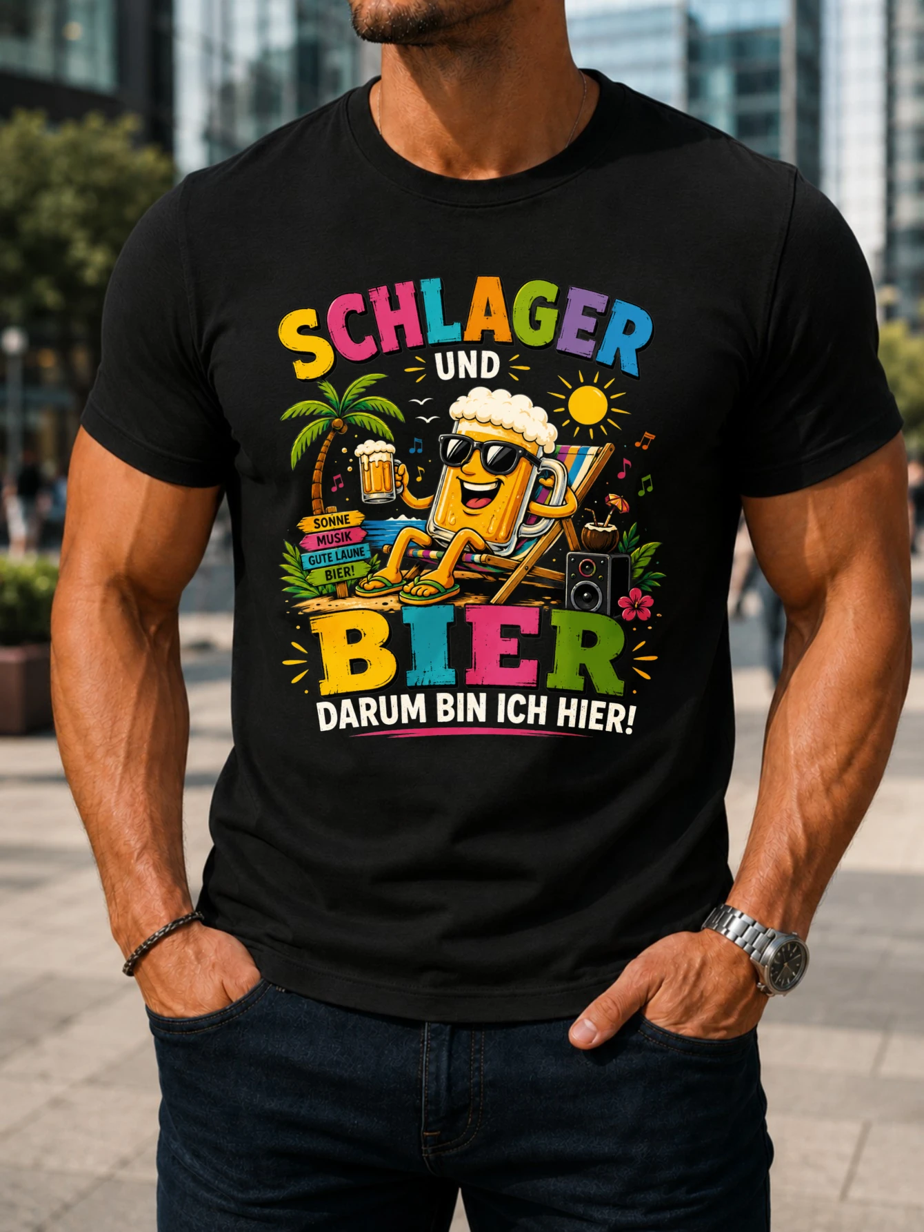 German Schlager And Beer Smiling Beer Glass by a Palm Tree Deck  and Speaker Colorful Summer Party  Unisex All T-Shirt