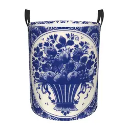 Tile Delft Blue Flowers Fruit Laundry Basket Collapsible Antique Chinoiserie Clothing Hamper Toys Organizer Storage Bins