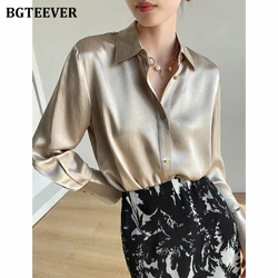 BGTEEVER Spring Turn-down Collar Female Satin Blouses Elegant Long Sleeve Single-breasted Women Shirts Tops