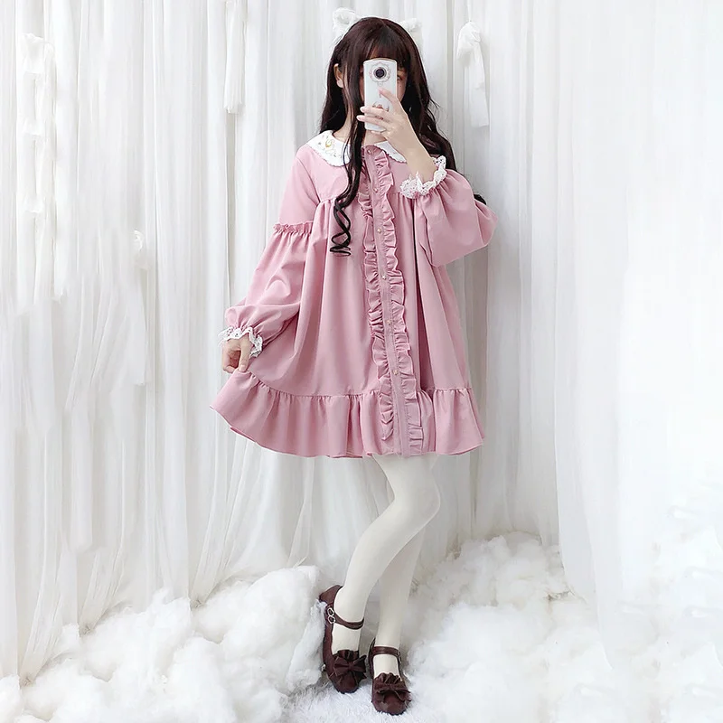 Lolita Starry Sky Dresses Japan Chiffon Long Sleeve Puff Dresses Kawaii Star Print Outfit Girl Princess Cute Elegant Skirt New