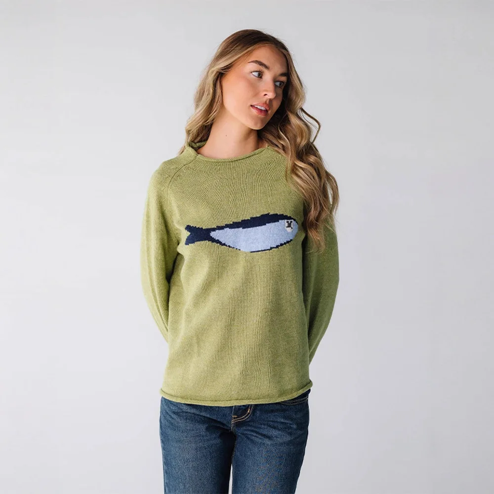 Roll Edge Crew Neck Fish Jacquard Knit Pullover Raglan Long Lantern Sleeve Loose Green Casual Sweater Top Valentine Gift 260602 view 3