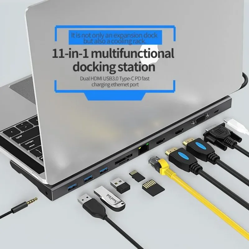 

Концентратор 11 в 1 Type-C с 2 * HDTV 4K VGA USB 3.0 1000 Мбит/с RJ45 3,5 мм Audio SD TF PD для Ipad MacBook Pro/Air/Dell/HP