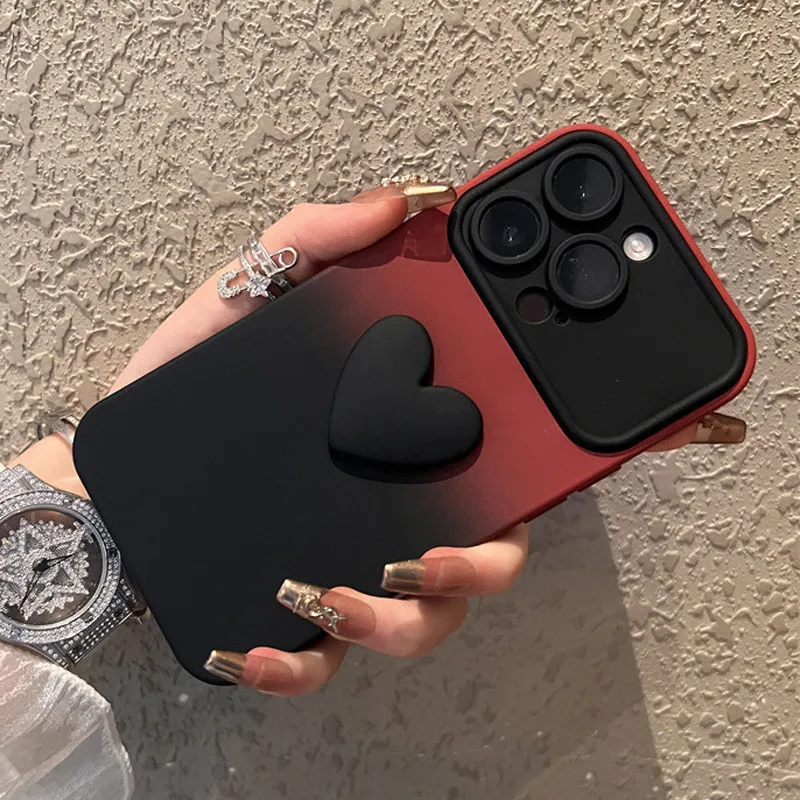 Cute Cartoon 3D Love Heart Gradient  Large Window Case For iPhone 11 15 Pro Max 14 13 12 Pro Max Soft Silicone Shockproof Cover