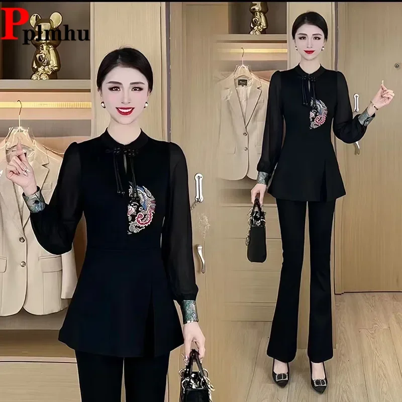 

Sping Fall Embroidery Coats Tops Conjuntos Casual Elegant High Waist Flare Pants Outfit New Chinese Style Women 2 Piece Sets