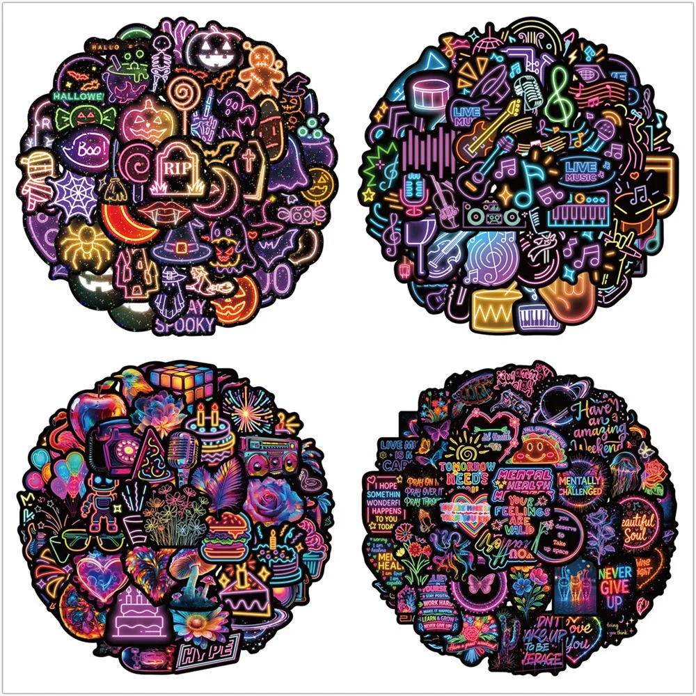 50-200Pcs Holographic Neon Music/ Cartoon Graffiti Stickers Waterproof Vinyl Decals for Helmet Water Bottle Laptop Phone Luggage