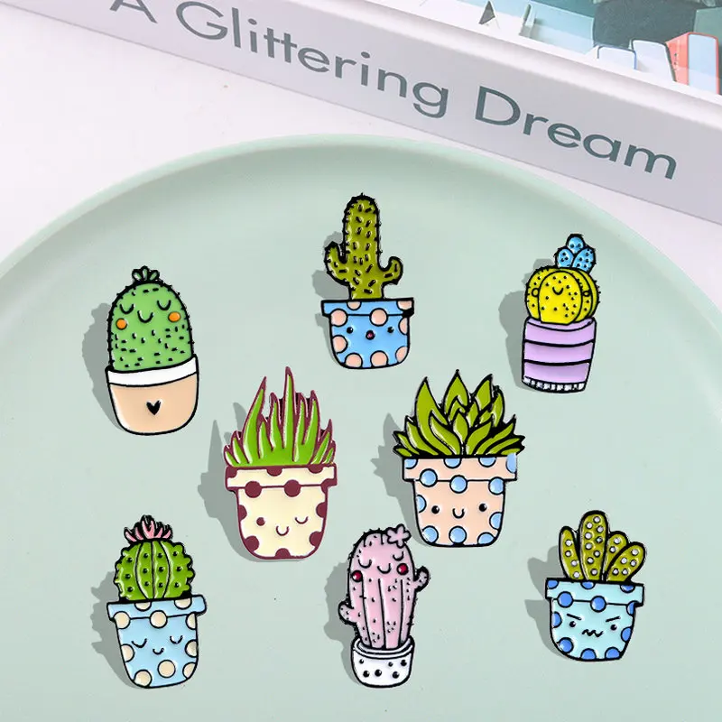 Enamel Pins Custom Cactus Aloe Brooches Lapel Pin Shirt Bag Catoon Badge Natural Jewelry Gift Kids Friends 8Styles Potted Plant