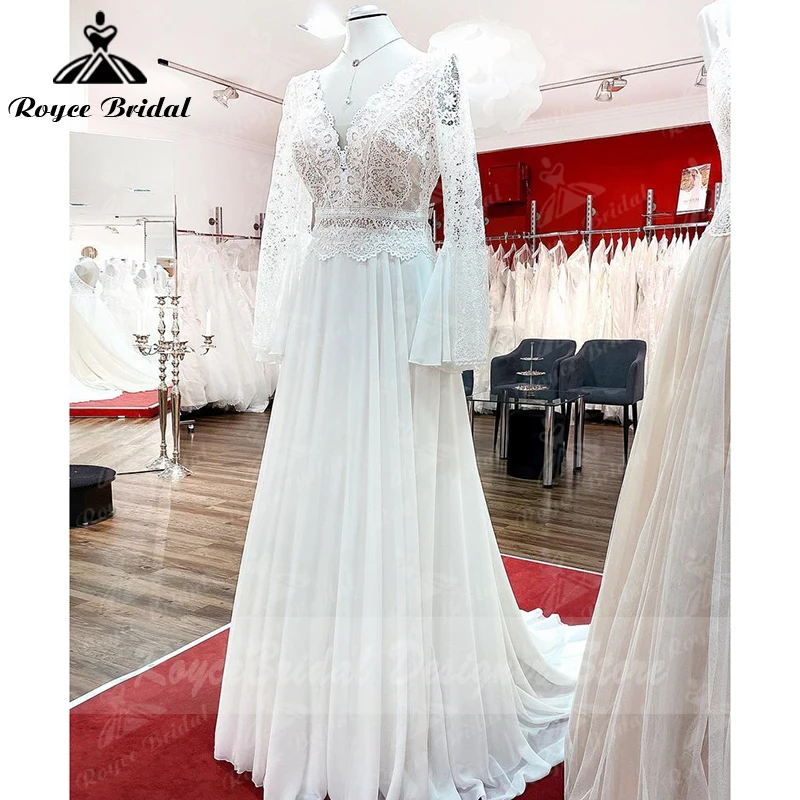 Mariage Bohemian Wedding Dress A Line Boho V Neck Lace Chiffon Long Flare Sleeve Open Back vestido noiva princesa Roycebridal