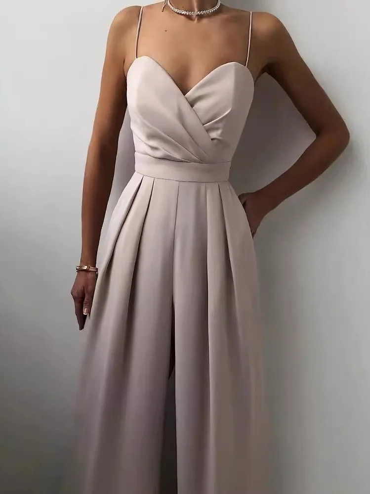 

Women's High Waist Straight Leg Jumpsuit Pure Color Strap Waist Design Long Pants Street Sle Polyester Fiber Casual Suit