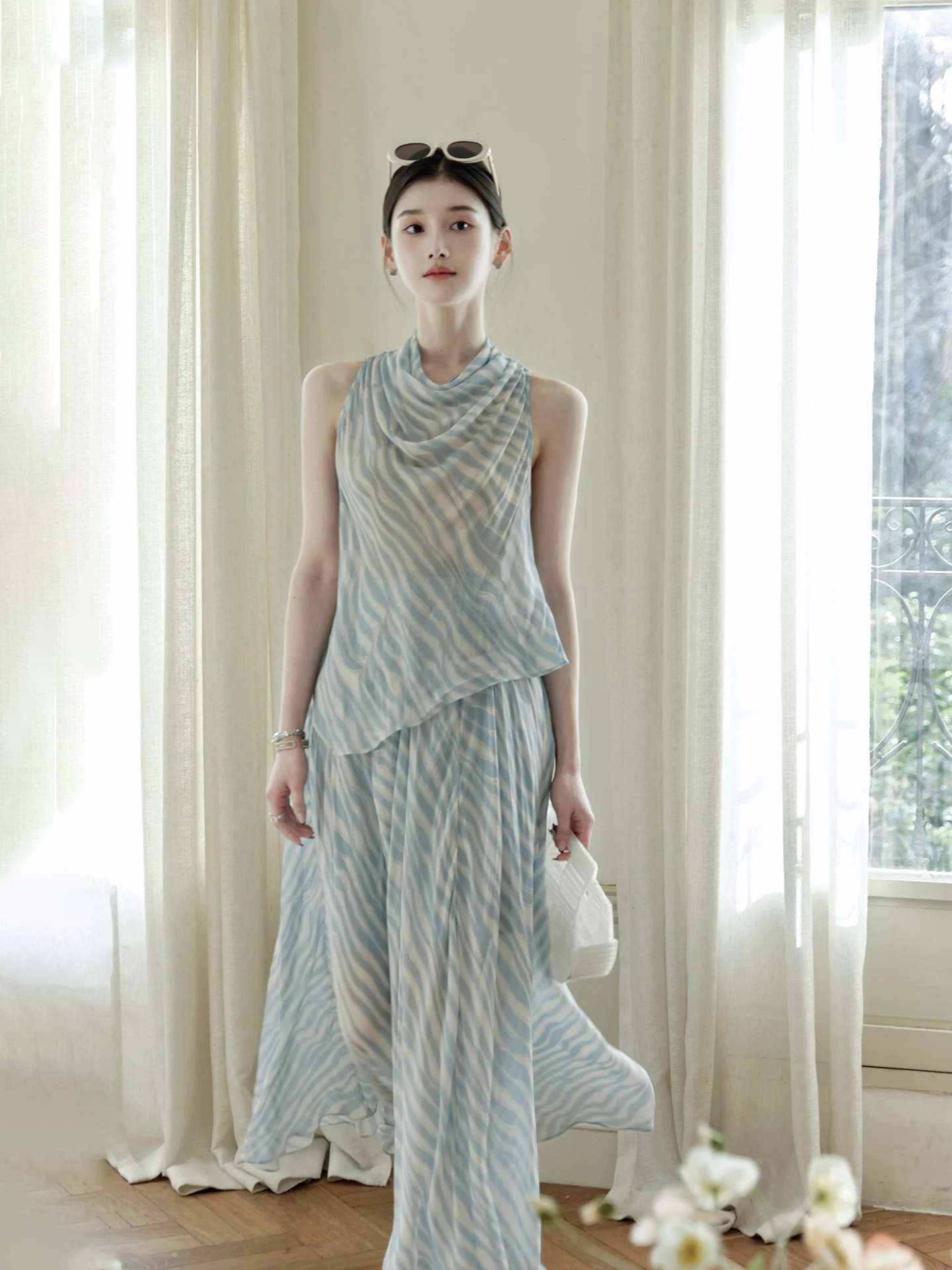

ChillCozy Early Spring Beautiful Set 45 Degree Oblique Cut Chiffon 100% Silk Dress Breathable Short Style Women's Fashion Set